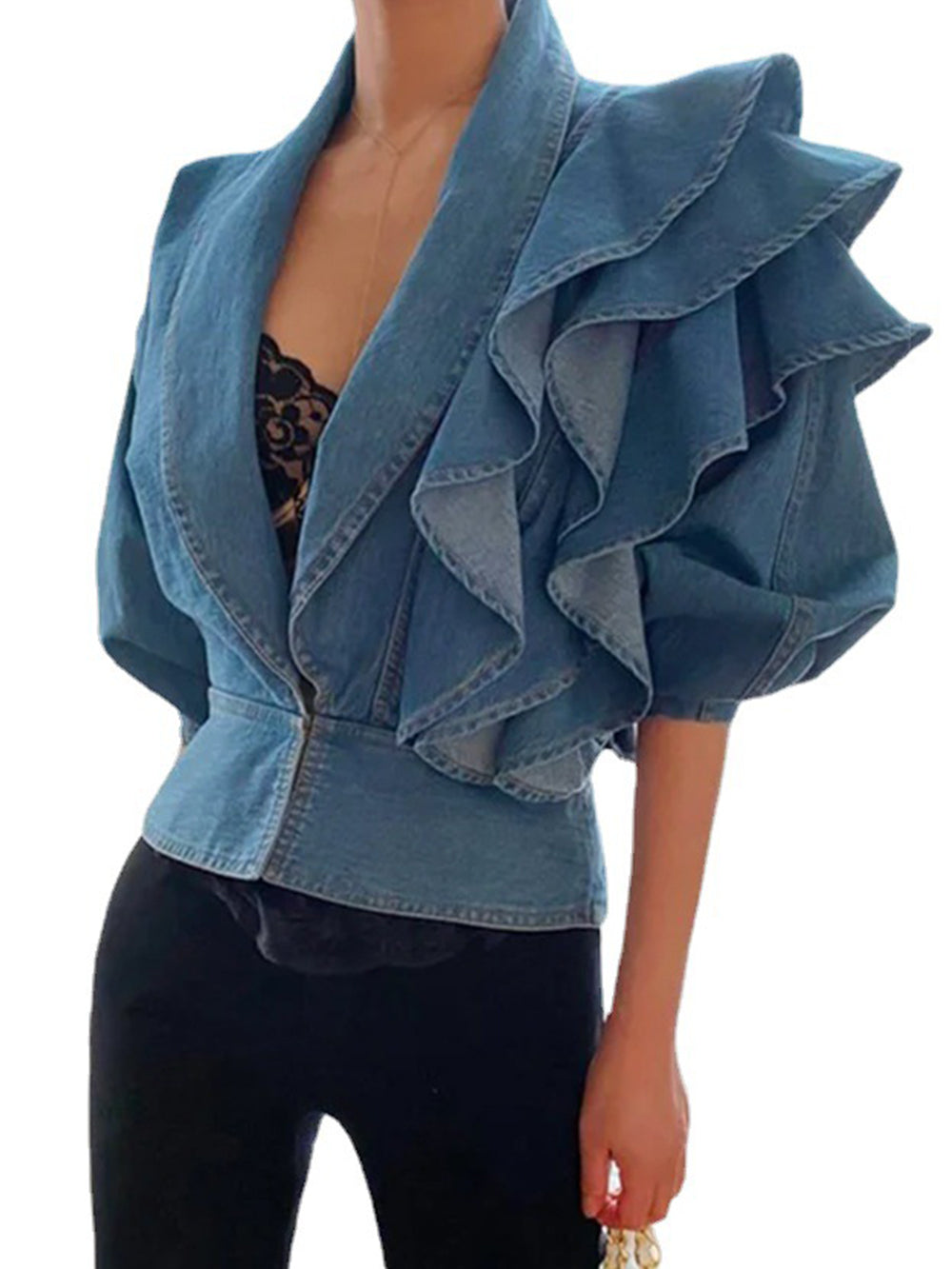 Elegant | Ruffled Denim Bomber