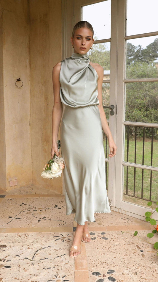 Amber™ | Elegant Satin Dress with High Neck Light Gold
