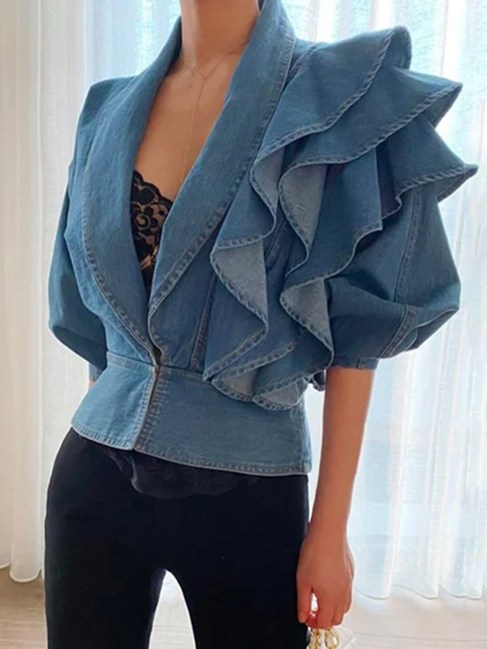 Elegant | Ruffled Denim Bomber