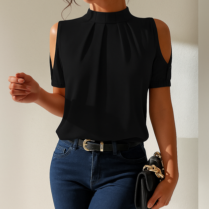 Nadia | Elegant Black Blouse with Collar and Off-the-Shoulder Design