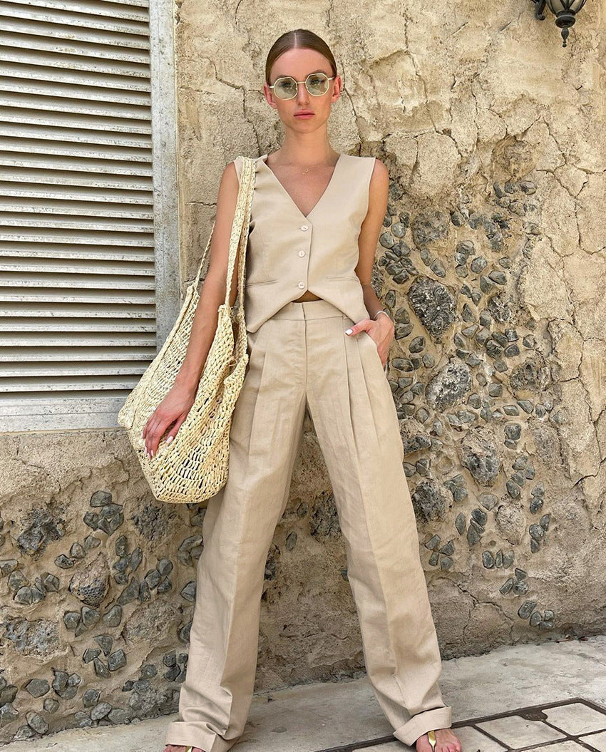 Cotton Slim Vest Pants Suit