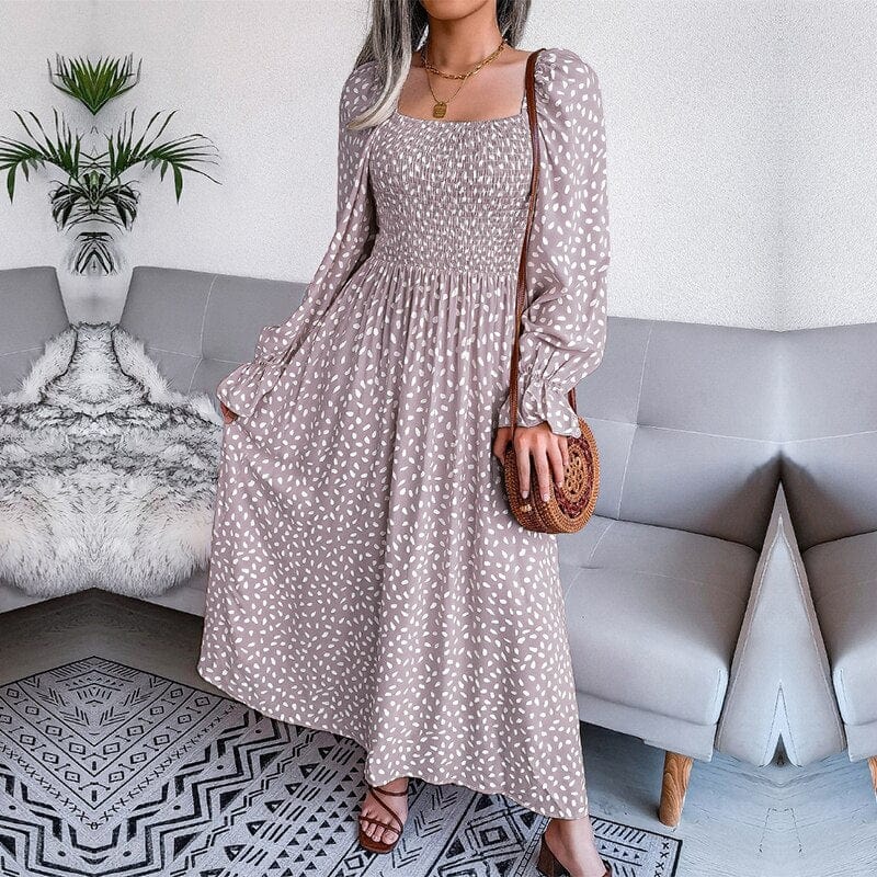 Lotte™ | Elegant Beige Maxi Dress with Long Sleeves
